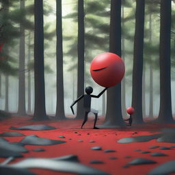 A dynamic and expressive 3D scene set in a forest, featuring a red ball with a mad face and no legs or arms attacking a black cube with a pained face and no legs or arms