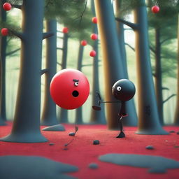 A dynamic and expressive 3D scene set in a forest, featuring a red ball with a mad face and no legs or arms attacking a black cube with a pained face and no legs or arms