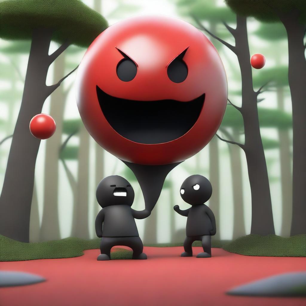 A dynamic and expressive 3D scene set in a forest, featuring a red ball with a mad face and no legs or arms beating up a black cube with a pained face and no legs or arms