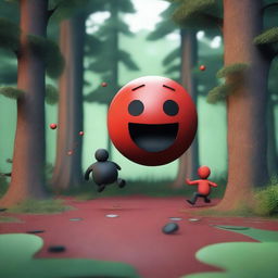 A dynamic and expressive 3D scene set in a forest, featuring a red ball with a mad face and no legs or arms beating up a black cube with a pained face and no legs or arms