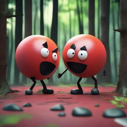 A dynamic and expressive 3D scene set in a forest, featuring a red ball with a mad face and no legs or arms beating up a black cube with a pained face and no legs or arms