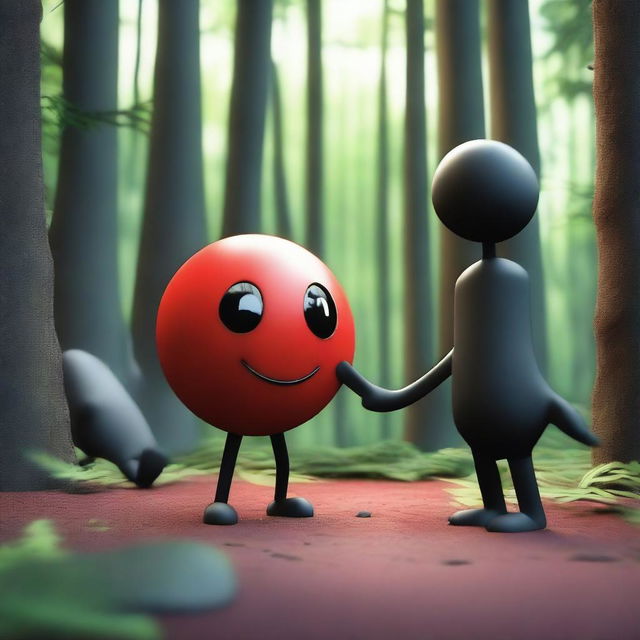 A dynamic and expressive 3D scene set in a forest, featuring a red ball with a mad face and no legs or arms beating up a black cube with a pained face and no legs or arms