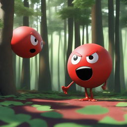 A dynamic and expressive 3D scene set in a dense forest, featuring a red ball with a mad face and no legs or arms beating up a black cube with a pained face and no legs or arms