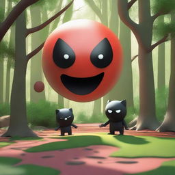 A dynamic and expressive 3D scene set in a dense forest, featuring a red ball with a mad face and no legs or arms beating up a black cube with a pained face and no legs or arms