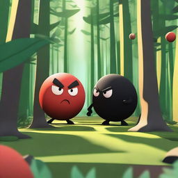 A dynamic and expressive 3D scene set in a dense forest, featuring a red ball with a mad face and no legs or arms beating up a black cube with a pained face and no legs or arms