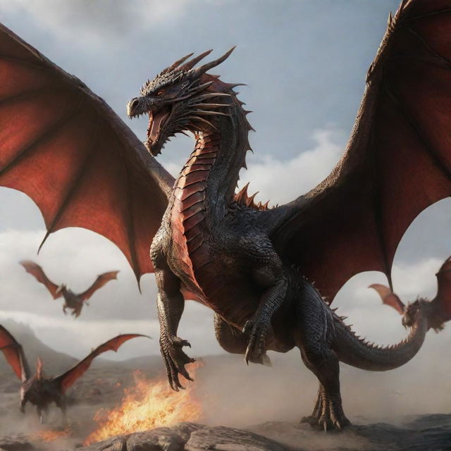 A dynamic pose of a central dragon with all the Targaryen dragons flying spiritedly around it