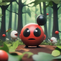 A dynamic and expressive 3D scene set in a dense forest, featuring a red ball with a mad face and no legs or arms beating up a black cube with a pained face and no legs or arms