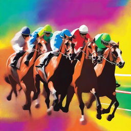 A vibrant, digitized illustration of horses racing around a track, capturing the speed and excitement of the race