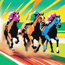 A vibrant, digitized illustration of horses racing around a track, capturing the speed and excitement of the race