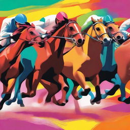 A vibrant, digitized illustration of horses racing around a track, capturing the speed and excitement of the race