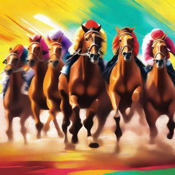 A vibrant, digitized illustration of horses racing around a track, capturing the speed and excitement of the race