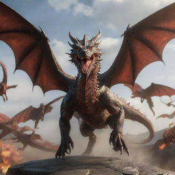 A dynamic pose of a central dragon with all the Targaryen dragons flying spiritedly around it