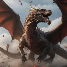 A dynamic pose of a central dragon with all the Targaryen dragons flying spiritedly around it