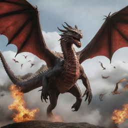 A dynamic pose of a central dragon with all the Targaryen dragons flying spiritedly around it