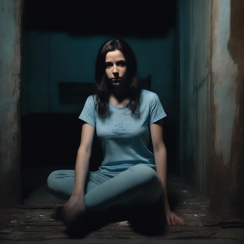 A brunette woman wearing a light blue t-shirt and leggings in a dark, creepy basement