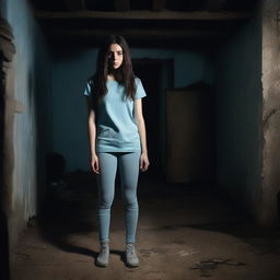 A brunette woman wearing a light blue t-shirt and leggings in a dark, creepy basement