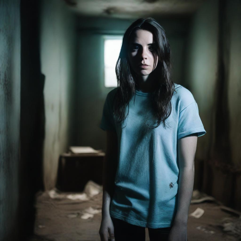 A brunette woman wearing a light blue t-shirt and leggings in a dark, creepy basement