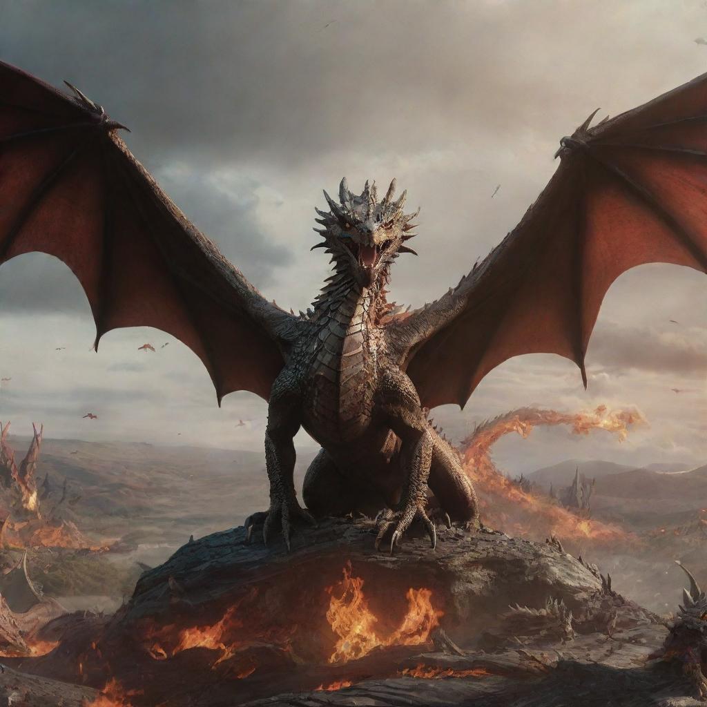 Majestic scene with a posed dragon and all of the flying Targaryen dragons surrounding it