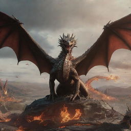 Majestic scene with a posed dragon and all of the flying Targaryen dragons surrounding it