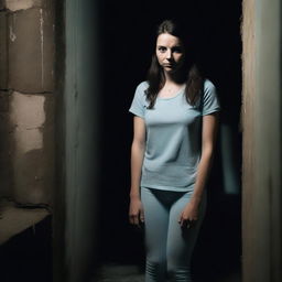 A brunette woman wearing a light blue t-shirt and leggings in a dark, creepy basement