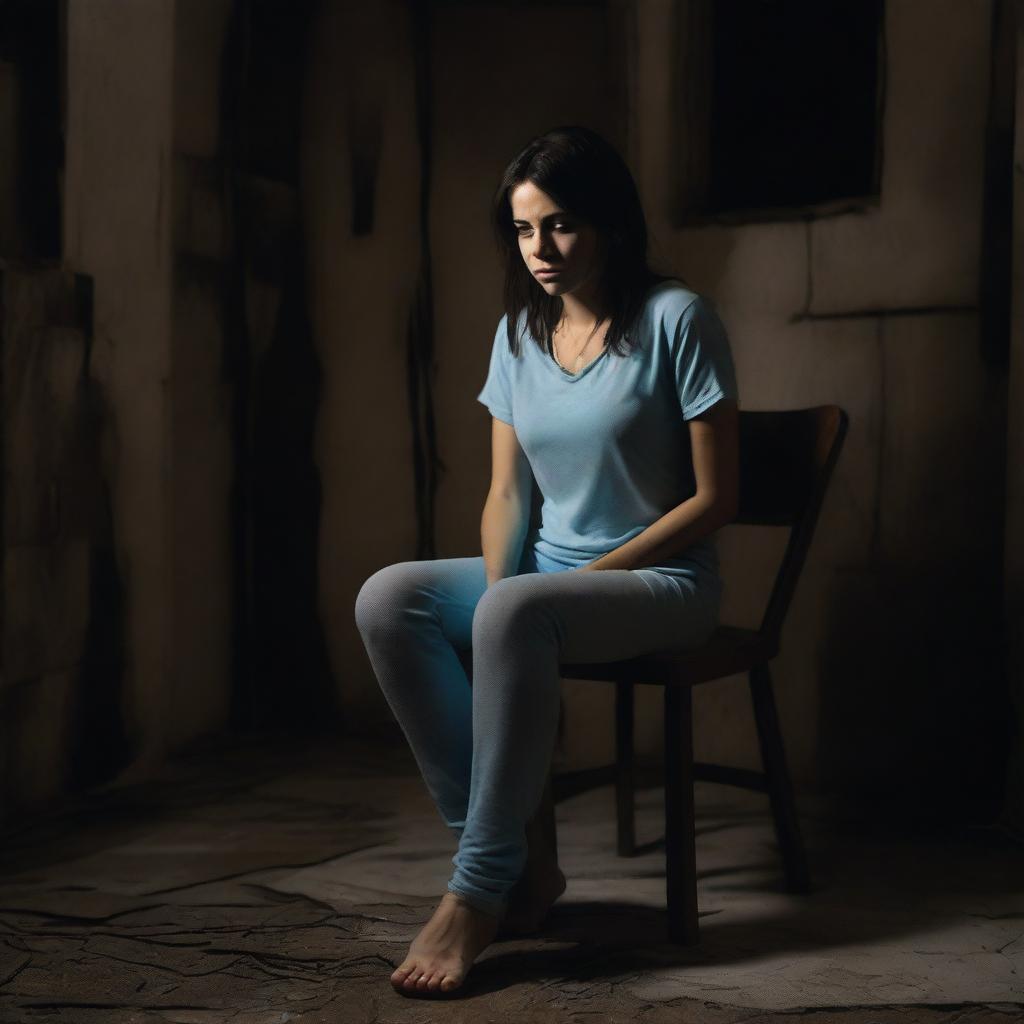 A brunette woman wearing a light blue t-shirt and leggings is tied to a chair in a dark, creepy basement