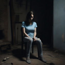 A brunette woman wearing a light blue t-shirt and leggings is tied to a chair in a dark, creepy basement