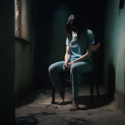 A brunette woman wearing a light blue t-shirt and leggings is tied to a chair in a dark, creepy basement