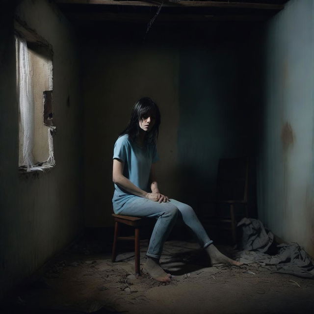 A brunette woman wearing a light blue t-shirt and leggings is tied to a chair in a dark, creepy basement