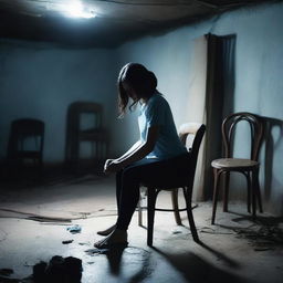 A brunette woman wearing a light blue t-shirt and black leggings is tied to a chair in a dark, creepy basement