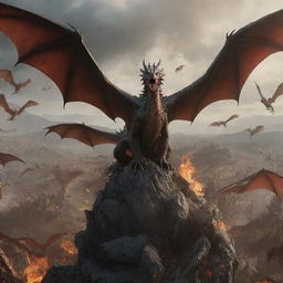 Majestic scene with a posed dragon and all of the flying Targaryen dragons surrounding it