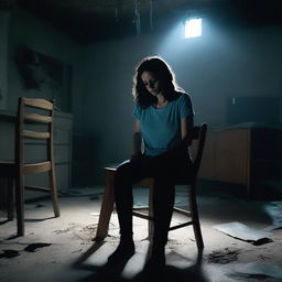 A brunette woman wearing a light blue t-shirt and black leggings is tied to a chair in a dark, creepy basement