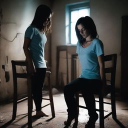 A brunette woman wearing a light blue t-shirt and black leggings is tied to a chair in a dark, creepy basement