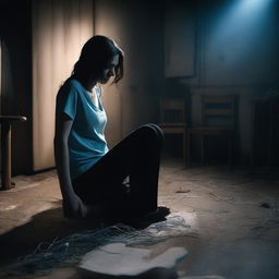 A brunette woman wearing a light blue t-shirt and black leggings is tied to a chair in a dark, creepy basement