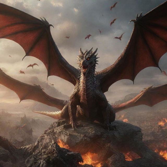 Majestic scene with a posed dragon and all of the flying Targaryen dragons surrounding it