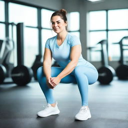 A brunette woman wearing a light blue t-shirt and light blue leggings is squatting in the gym