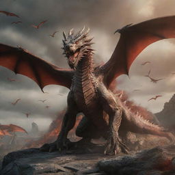 Majestic scene with a posed dragon and all of the flying Targaryen dragons surrounding it