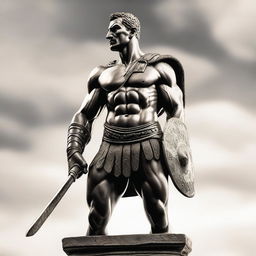 A 3/4 profile view of a statue of Spartacus, the famous gladiator