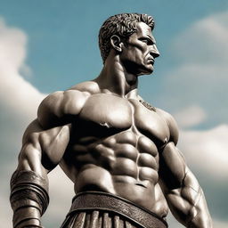 A 3/4 profile view of a statue of Spartacus, the famous gladiator