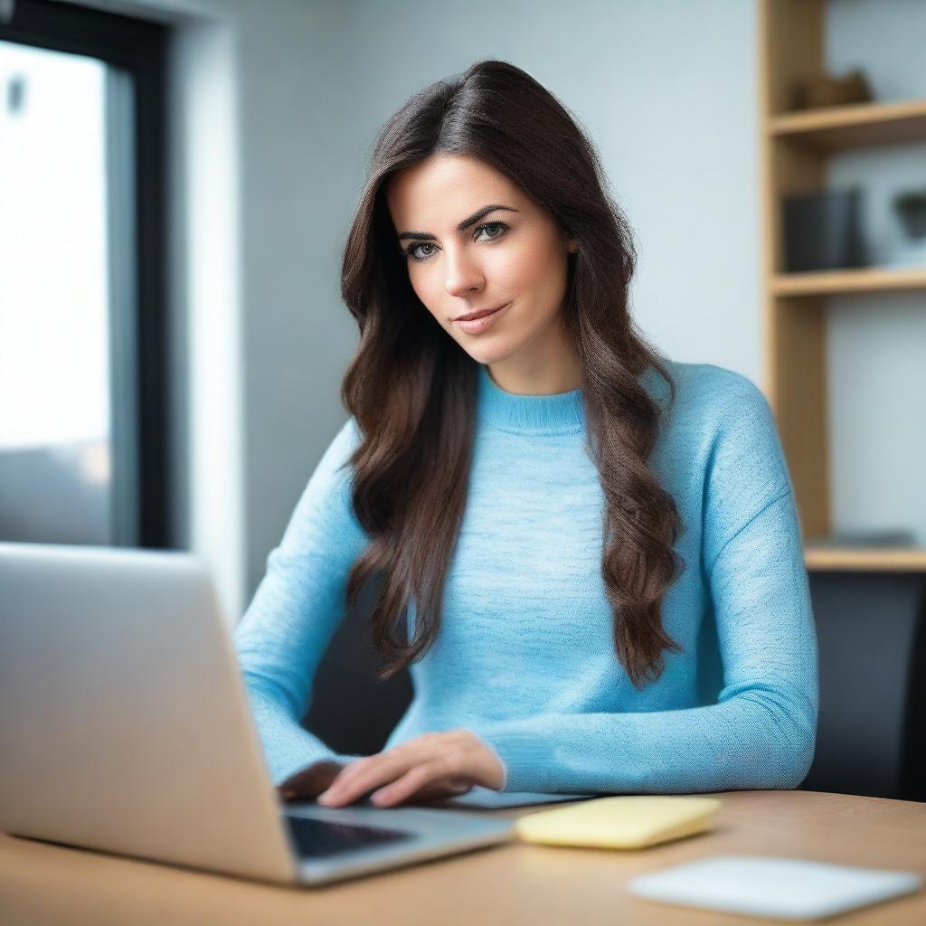 A brunette woman in her mid-20s, attractive, with her hair down, is wearing a black sweater and light blue leggings