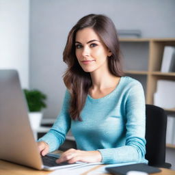 A brunette woman in her mid-20s, attractive, with her hair down, is wearing a black sweater and light blue leggings