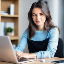 A brunette woman in her mid-20s, attractive, with her hair down, is wearing a black sweater and light blue leggings