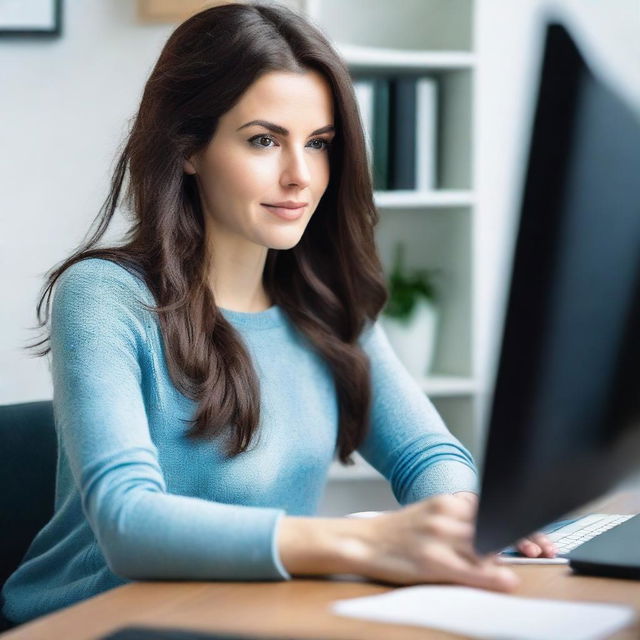 A brunette woman in her mid-20s, attractive, with her hair down, is wearing a black sweater and light blue leggings