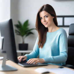 A brunette woman in her mid-20s, attractive, with her hair down, is wearing a black sweater and light blue leggings