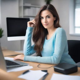 A brunette woman in her mid-20s, attractive, with her hair down, is wearing a black sweater and light blue leggings