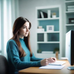 A brunette woman in her mid-20s, attractive, with her hair down, is wearing a black sweater and light blue leggings