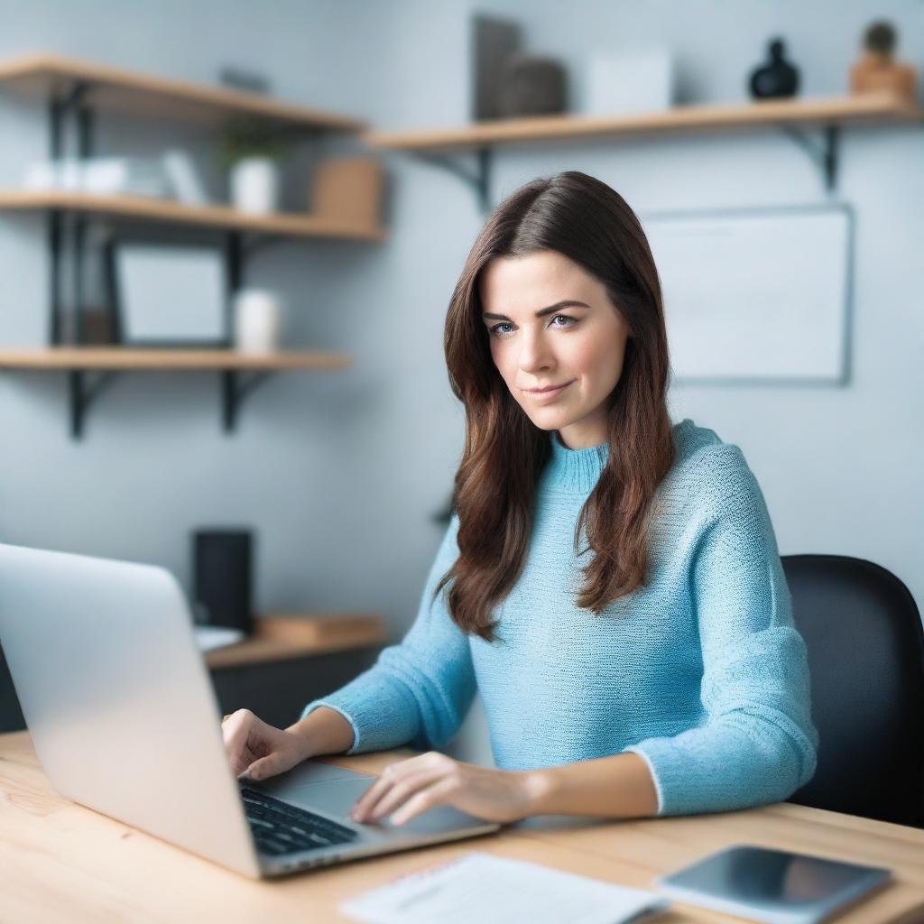 A brunette woman in her mid-20s, attractive, with her hair down, is wearing a black sweater and light blue leggings