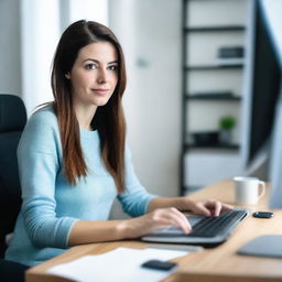 A brunette woman in her mid-20s, attractive, with her hair down, is wearing a black sweater and light blue leggings