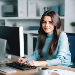 A brunette woman in her mid-20s, attractive, with her hair down, is wearing a black sweater and light blue leggings