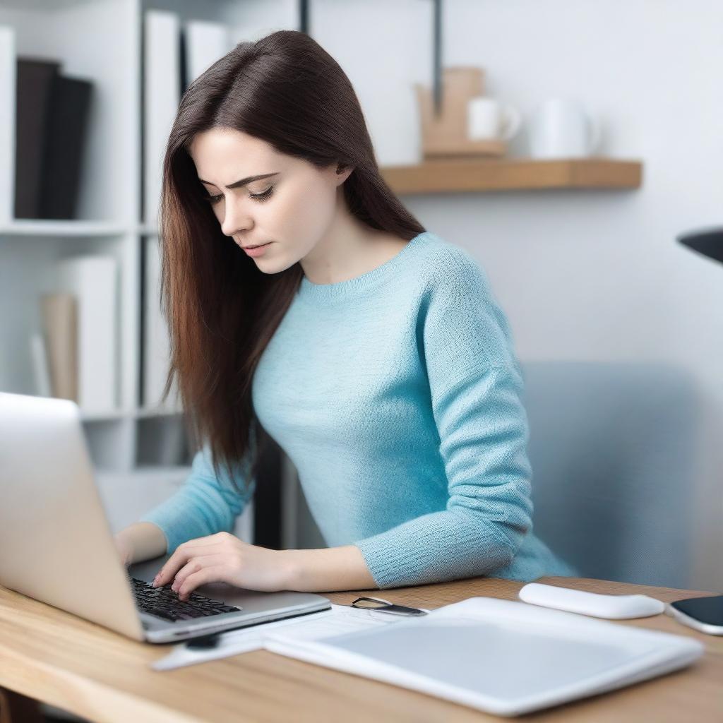 A brunette woman in her mid-20s, attractive, with her hair down, is wearing a black sweater and light blue leggings