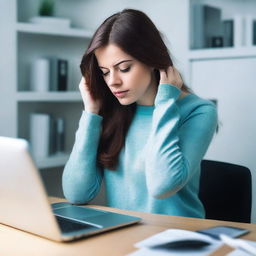 A brunette woman in her mid-20s, attractive, with her hair down, is wearing a black sweater and light blue leggings